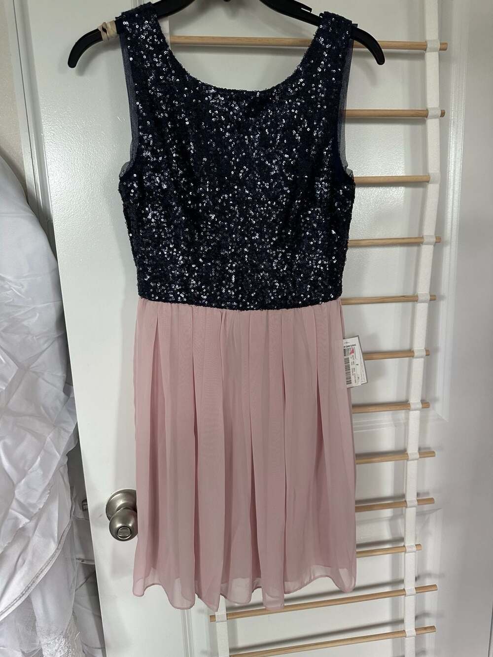 B. Darlin Dress Size 5/6 Navy Blue Sequin Pink Chiffon Skirt